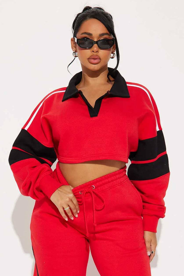 elo FN Women's Open Placket Crop Top Sweat Shirt Red