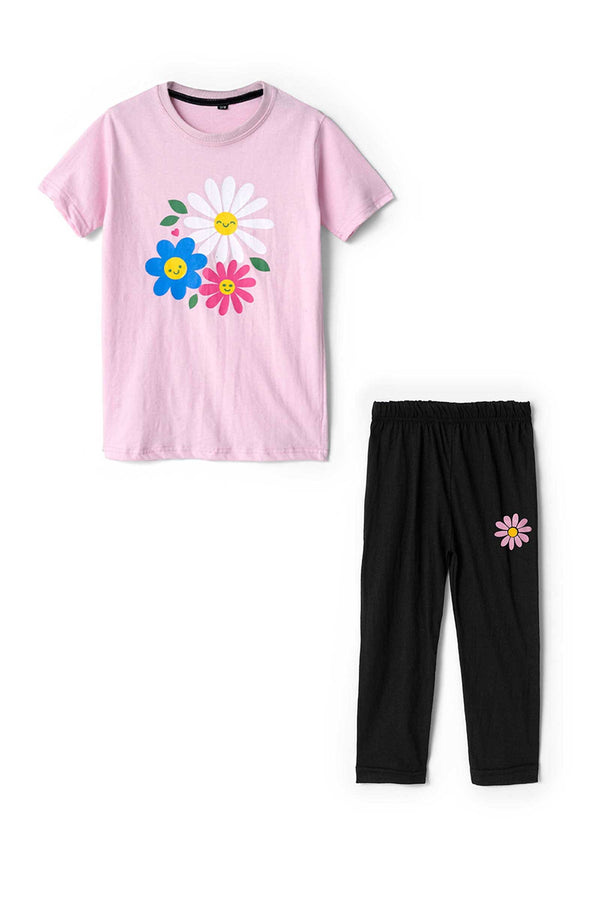 elo Girl's Floral Printed Premium Twin Set Pink & Black