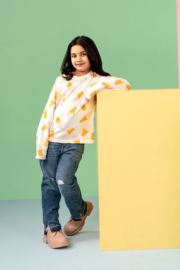 Elo Girl's Ice Cone Long Sleeve Fleece Sweatshirt White