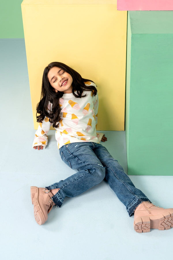 Elo Girl's Ice Cone Long Sleeve Fleece Sweatshirt White