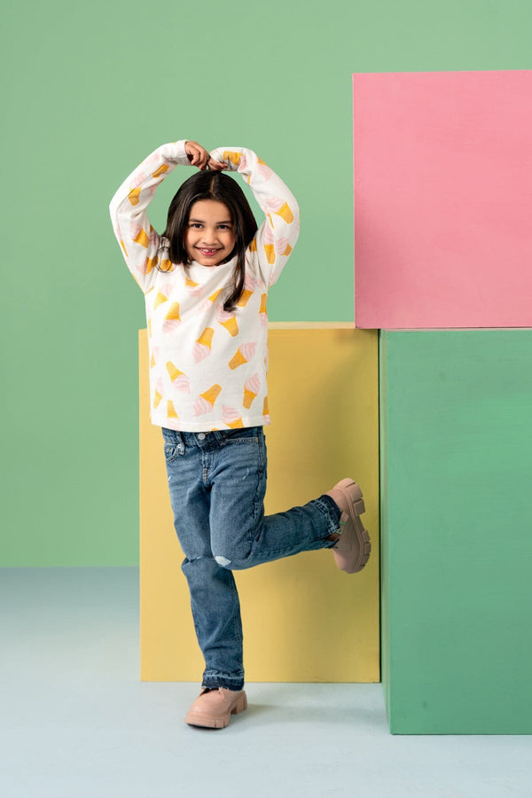 Elo Girl's Ice Cone Long Sleeve Fleece Sweatshirt White