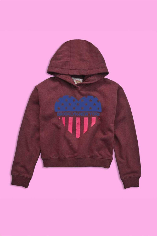 Elo Girl's Love Lyallpur Heart Brooklyn Printed Fleece Hoodie Burgundy & White