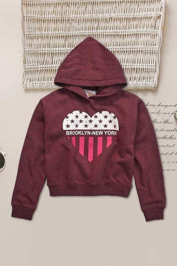 elo Girl's Love Lyallpur Heart Brooklyn Printed Fleece Hoodie Burgundy & White