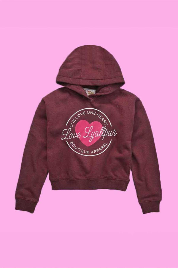 Elo Girl's Love Lyallpur Heart Printed Fleece Hoodie Burgundy & Blue