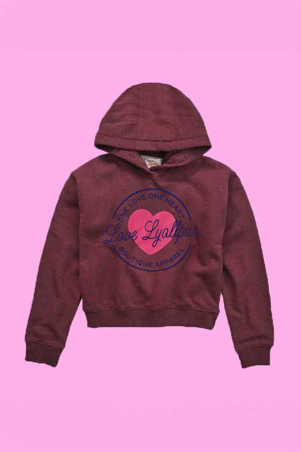elo Girl's Love Lyallpur Heart Printed Fleece Hoodie Burgundy & Blue