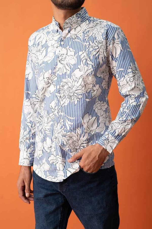 Elo Gravity Men's Button Down Floral Casual Shirt White & Blue
