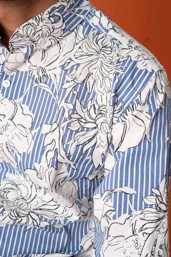 Elo Gravity Men's Button Down Floral Casual Shirt White & Blue