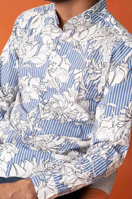 Elo Gravity Men's Button Down Floral Casual Shirt White & Blue