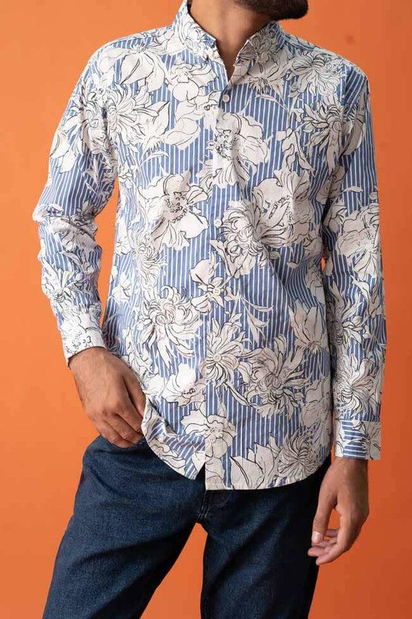 elo Gravity Men's Button Down Floral Casual Shirt White & Blue