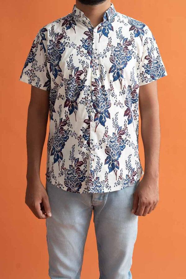 Elo Gravity Men's Button Down Floral Printed Short Sleeve Casual Shirt White