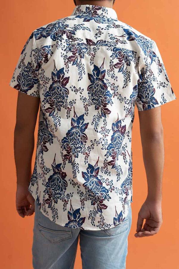 Elo Gravity Men's Button Down Floral Printed Short Sleeve Casual Shirt White