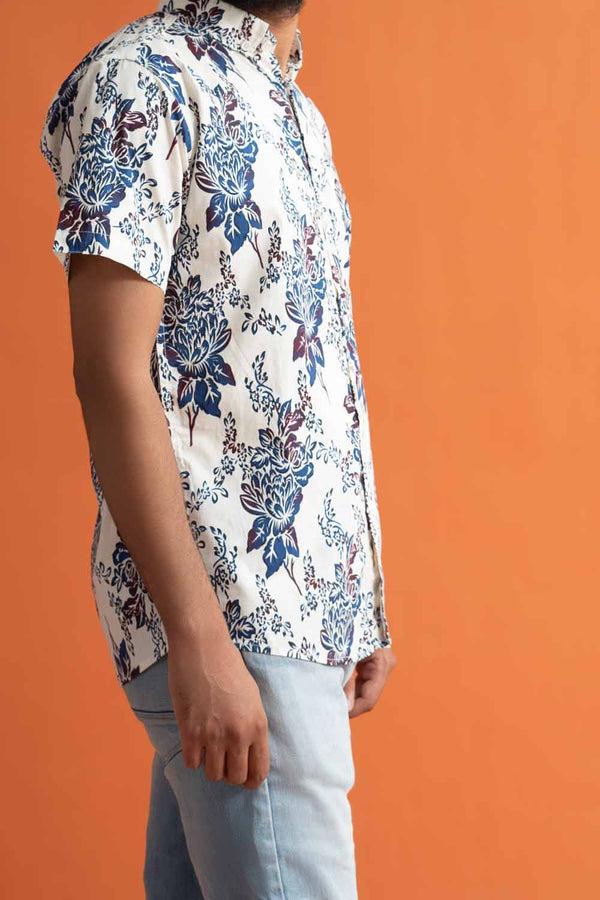 Elo Gravity Men's Button Down Floral Printed Short Sleeve Casual Shirt White