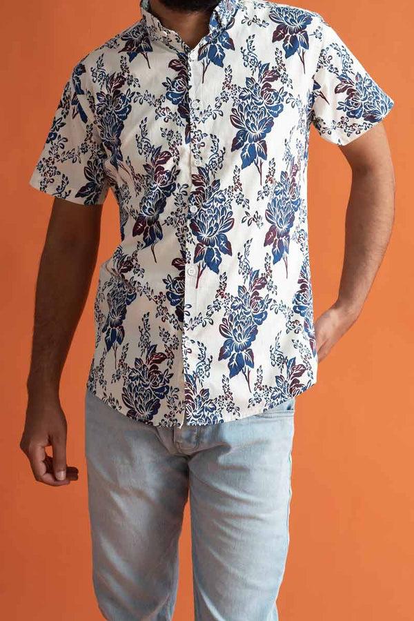 elo Gravity Men's Button Down Floral Printed Short Sleeve Casual Shirt White