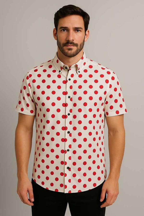 elo Gravity Men's Button Down Polka Dots Casual Shirt White