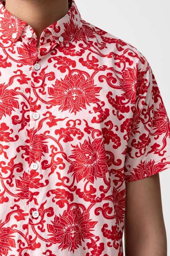 Elo Gravity Men's Button Down Short Sleeve Floral Casual Shirt Red
