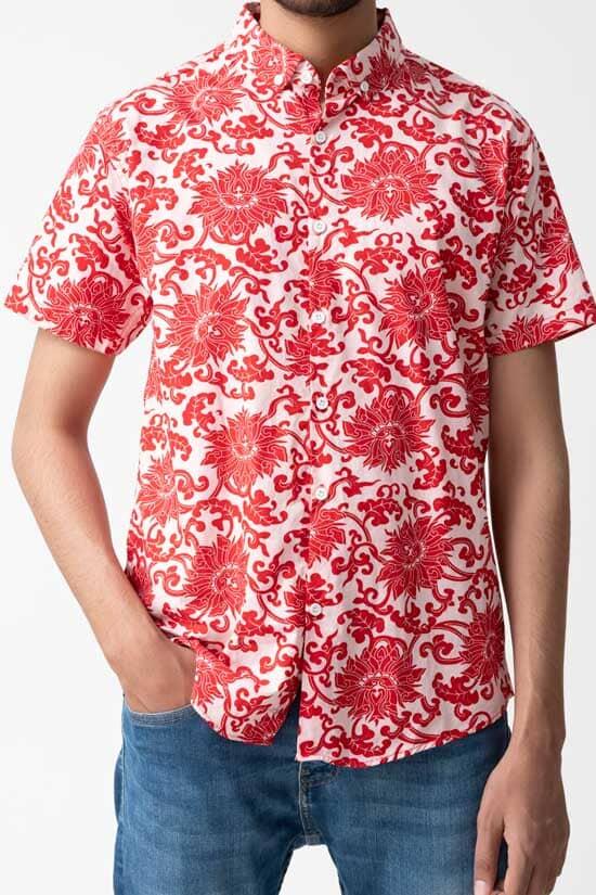 Elo Gravity Men's Button Down Short Sleeve Floral Casual Shirt Red