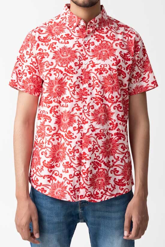 elo Gravity Men's Button Down Short Sleeve Floral Casual Shirt Red
