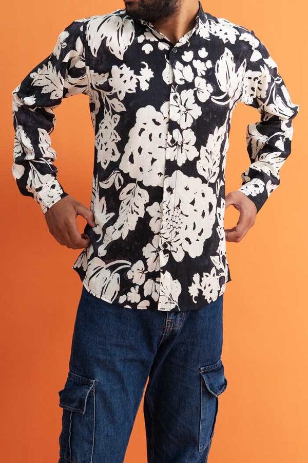 Elo Gravity Men's Floral Button Down Casual Shirt Black & White