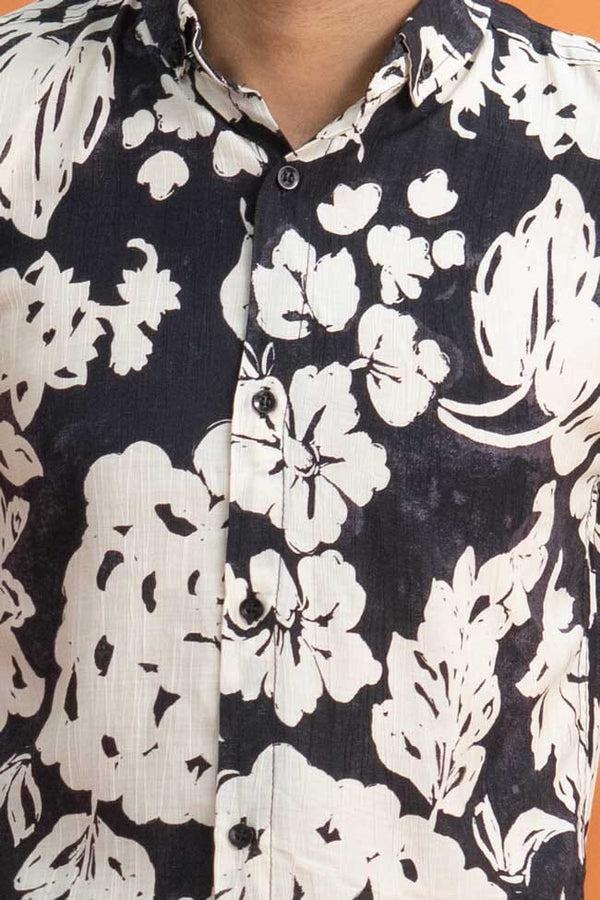 Elo Gravity Men's Floral Button Down Casual Shirt Black & White