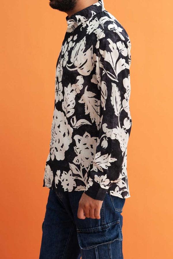 Elo Gravity Men's Floral Button Down Casual Shirt Black & White