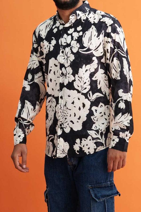 elo Gravity Men's Floral Button Down Casual Shirt Black & White