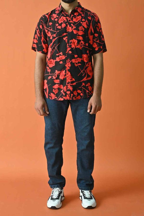 Elo Gravity Men's Floral Printed Casual Shirt Black
