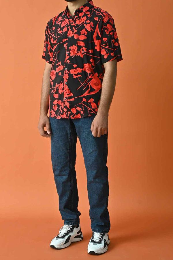 Elo Gravity Men's Floral Printed Casual Shirt Black