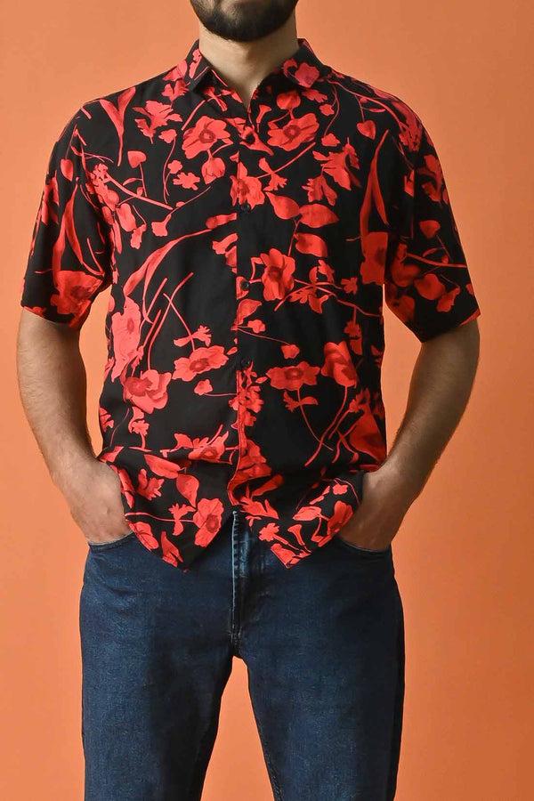 elo Gravity Men's Floral Printed Casual Shirt Black