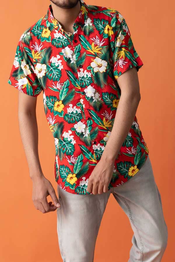 Elo Gravity Men's Floral Printed Short Sleeve Casual Shirt Red & Green