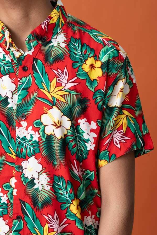 Elo Gravity Men's Floral Printed Short Sleeve Casual Shirt Red & Green