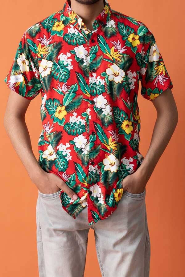 elo Gravity Men's Floral Printed Short Sleeve Casual Shirt Red & Green