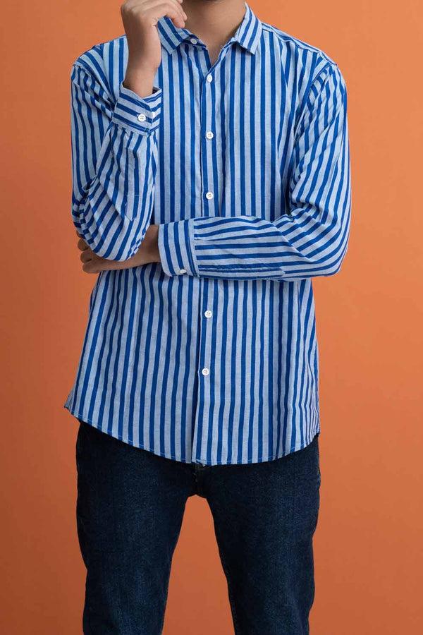 elo Gravity Men's Striped Slim Fit Casual Shirt Blue