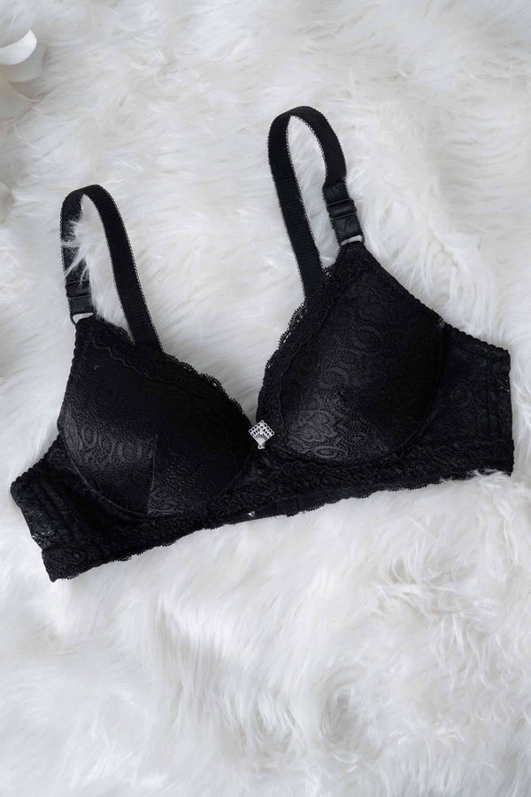 elo Hanjin Women's Floral Lace Foam Padded Bra Black