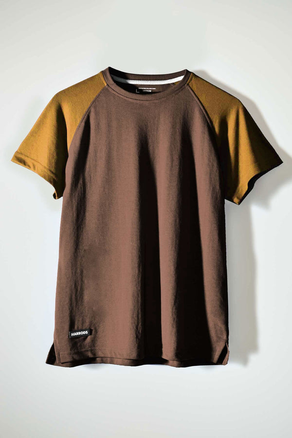 Elo Harrods Men's Contrast Sleeve Style Crew Neck Tee Shirt Chocolate