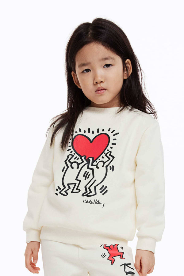 Elo HM Kid's Heart Printed Terry Sweat Shirt Off White