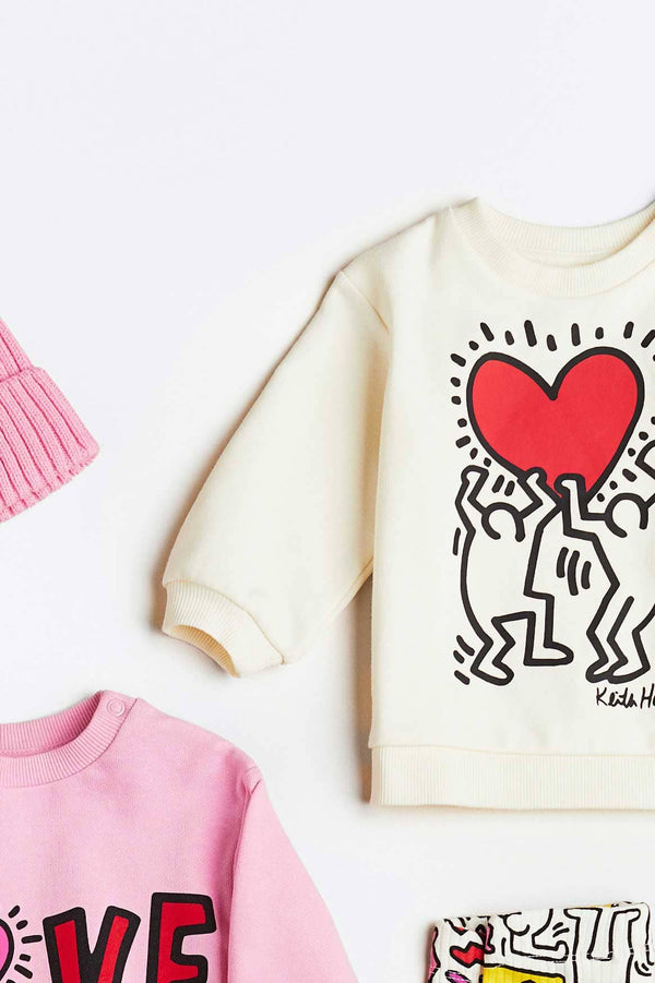 Elo HM Kid's Heart Printed Terry Sweat Shirt Off White