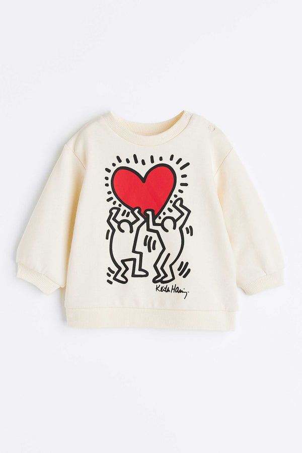 elo HM Kid's Heart Printed Terry Sweat Shirt Off White