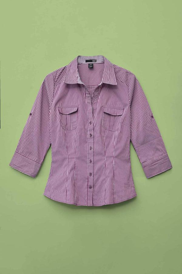 Elo HM Women’s Stripes Style Long Sleeves Casual Shirt Sky