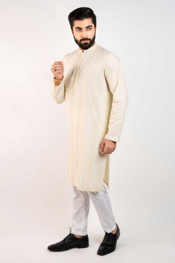Elo Hopio Men's Tiberias Mandarin Collar Stitched Fancy Kurta Off White