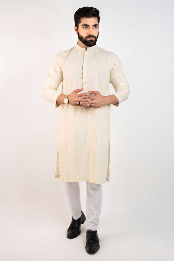 Elo Hopio Men's Tiberias Mandarin Collar Stitched Fancy Kurta Off White