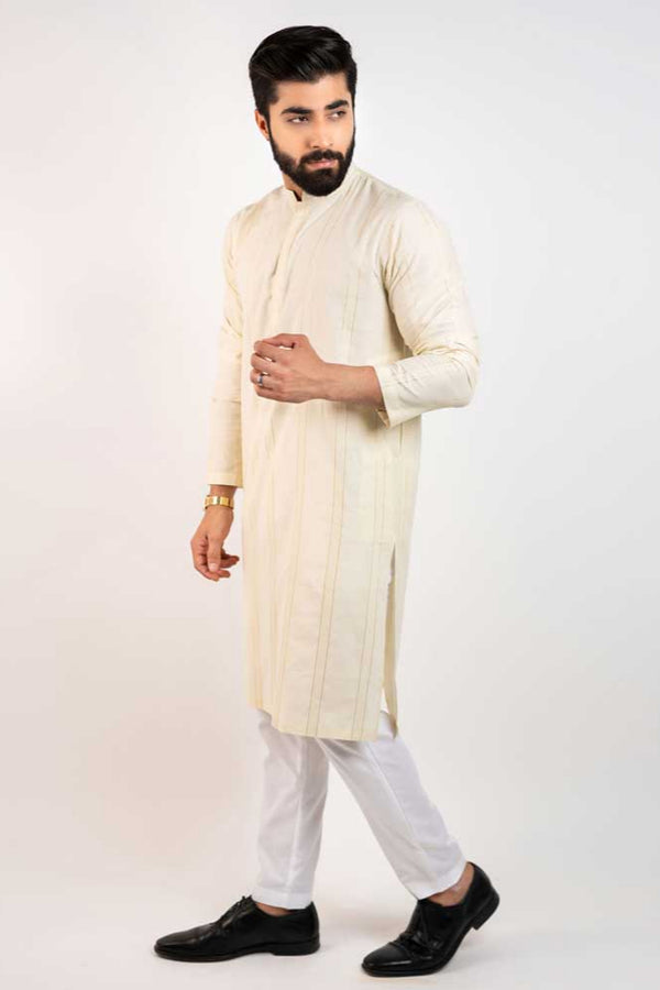Elo Hopio Men's Tiberias Mandarin Collar Stitched Fancy Kurta Off White
