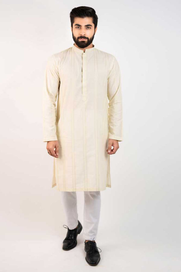 elo Hopio Men's Tiberias Mandarin Collar Stitched Fancy Kurta Off White