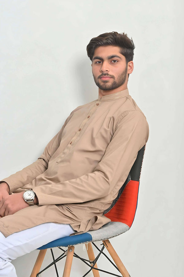 Elo Hud Hud Men's Bruges Mandarin Collar Stitched Kurta Mud