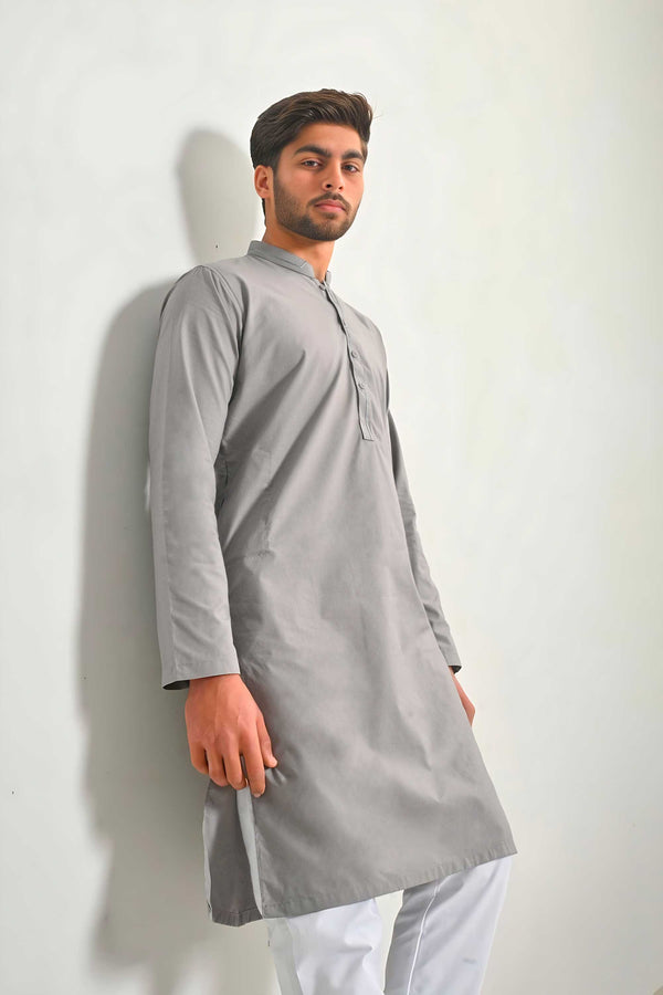 Elo Hud Hud Men's Hasselt Mandarin Collar Stitched Kurta Grey