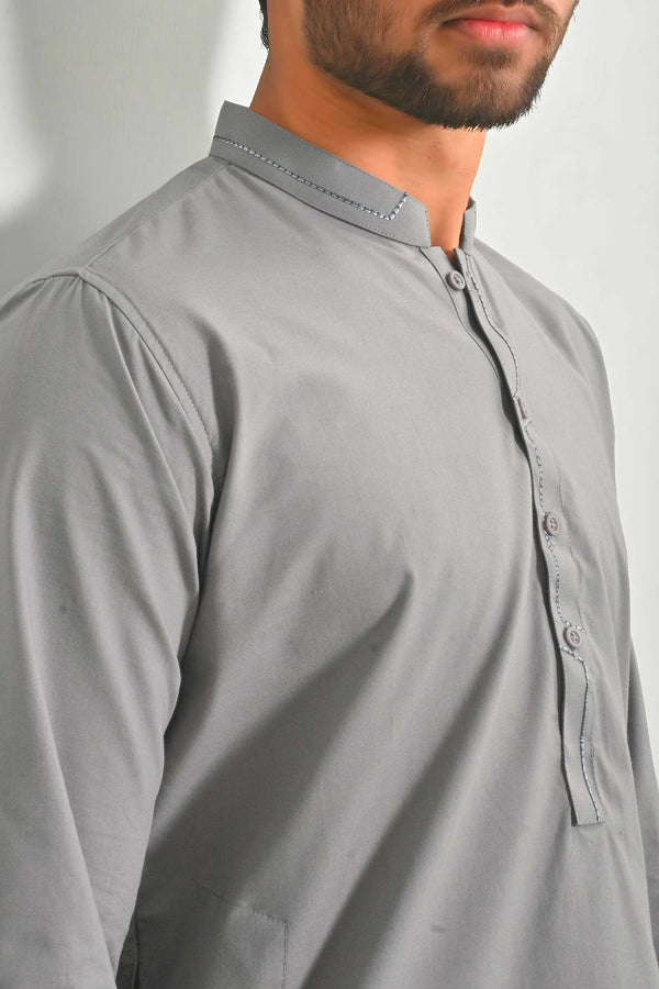 Elo Hud Hud Men's Hasselt Mandarin Collar Stitched Kurta Grey