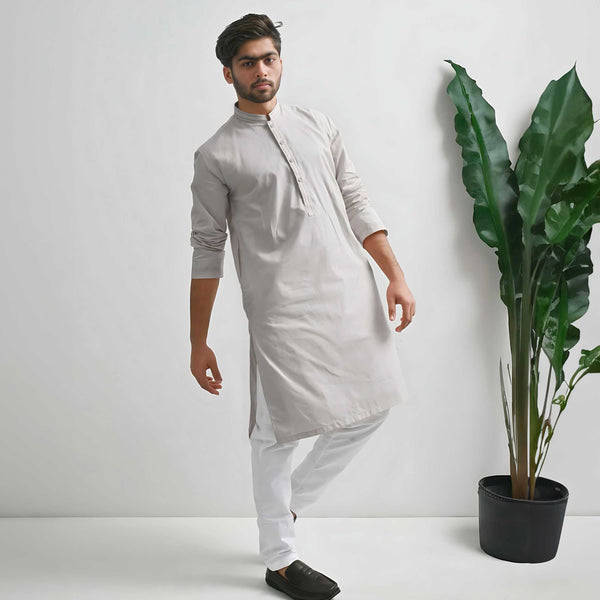elo Hud Hud Men's Herstal Mandarin Collar Stitched Kurta Grey
