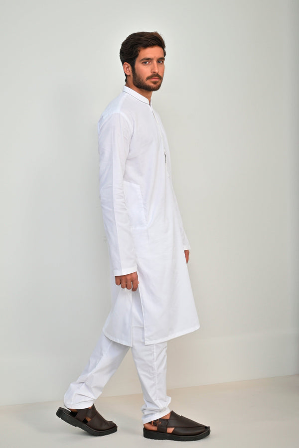 Elo Hud Hud Men's Leeds Mandarin Collar Stitched Suit Kurta With Trouser White