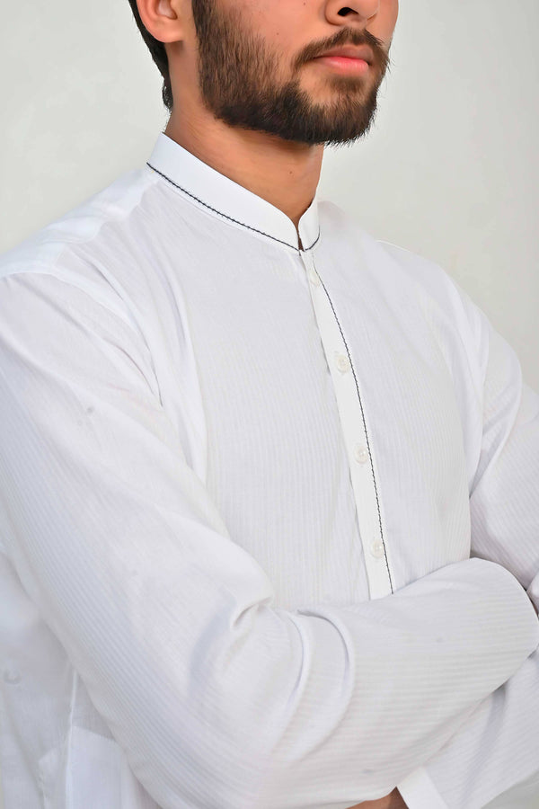 Elo Hud Hud Men's Leeds Mandarin Collar Stitched Suit Kurta With Trouser White