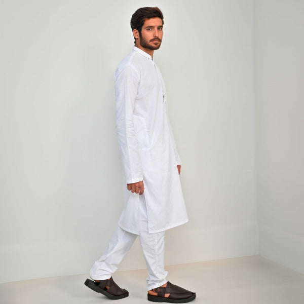 elo Hud Hud Men's Leeds Mandarin Collar Stitched Suit Kurta With Trouser White