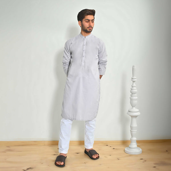 elo Hud Hud Men's Leuven Mandarin Collar Stitched Kurta Grey